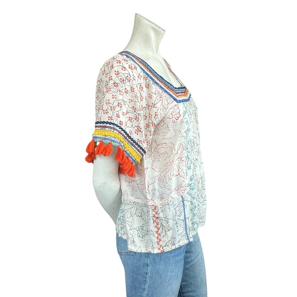 Anthropologie Maeve Paolina Puff Sleeve Tassel Trim Square Neck Blouse XS Petite - Picture 5 of 8